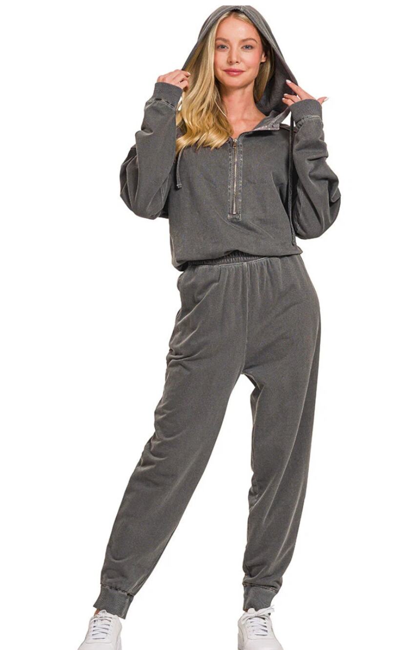 Zenana Gray Hooded Jumpsuit Small Half Zip Cotton Jogger One Piece Loungewear